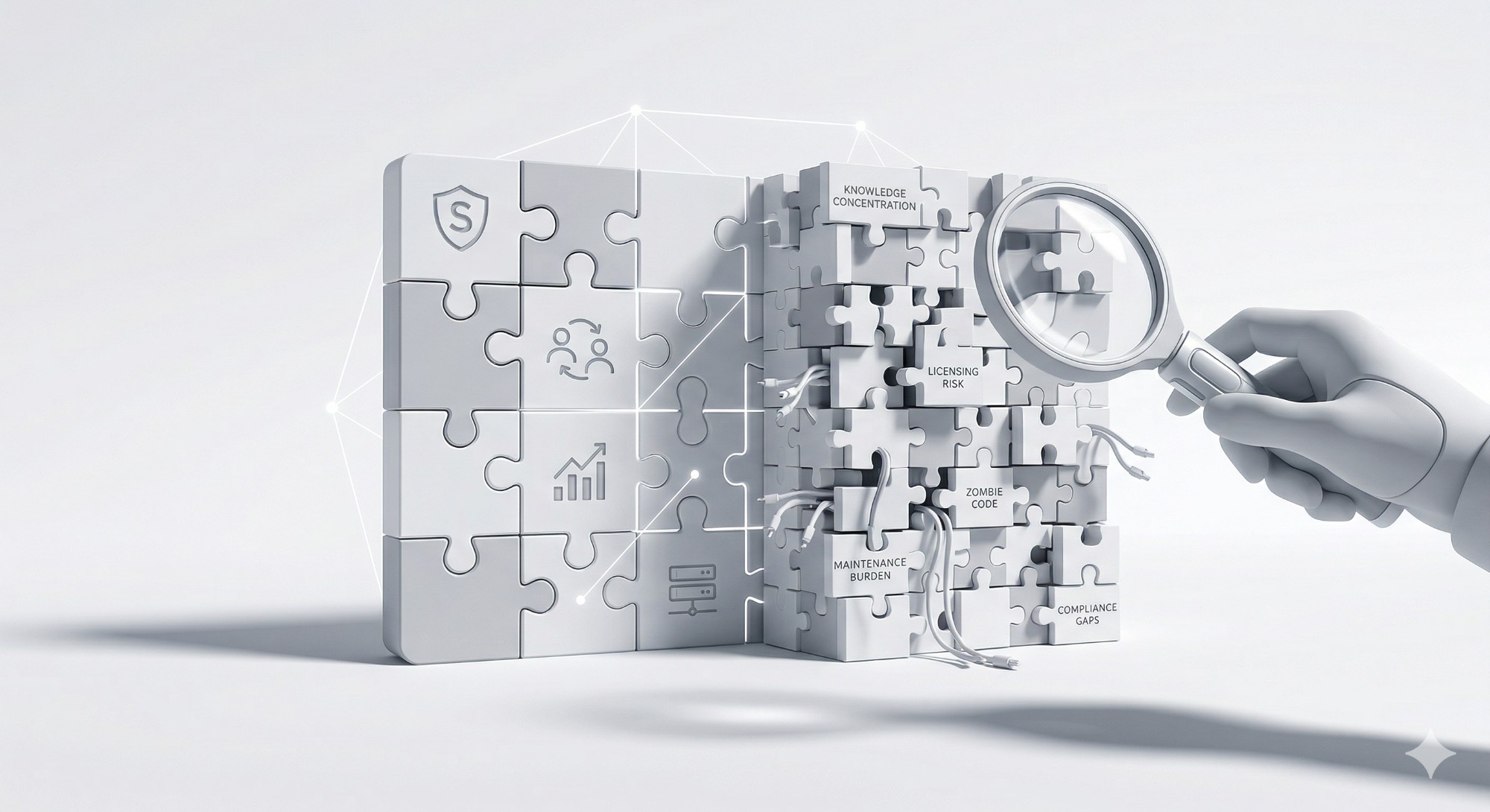 Five questions the board should ask: a clean puzzle grid of healthy system pieces vs. a tangled cluster of hidden risks — knowledge concentration, licensing risk, zombie code, maintenance burden, compliance gaps — surfaced under a magnifying glass