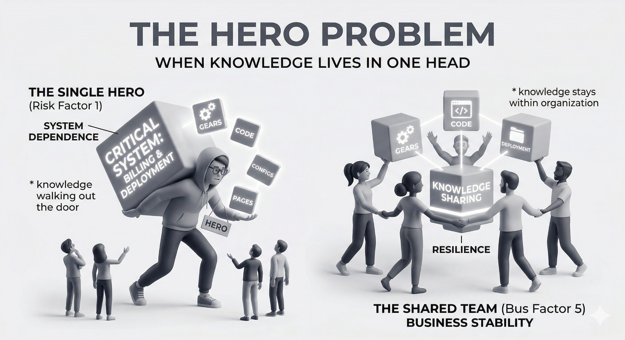 The hero problem: on the left, a single engineer carrying a critical system with knowledge walking out the door; on the right, a team sharing knowledge for resilience and business stability
